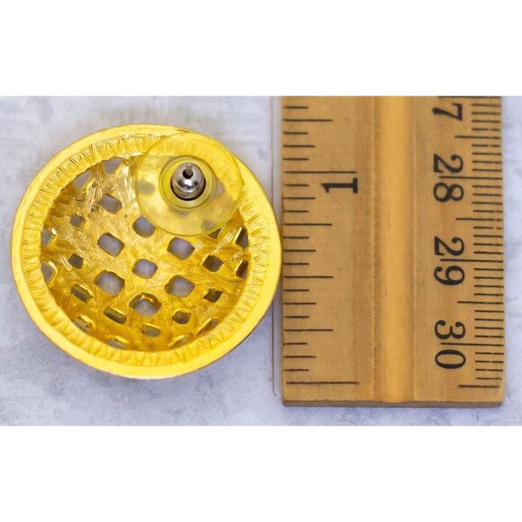 Vintage Circle Earrings, Gold Tone Earrings, Checkered Stud Earrings - CF1 - Picture 2 of 2
